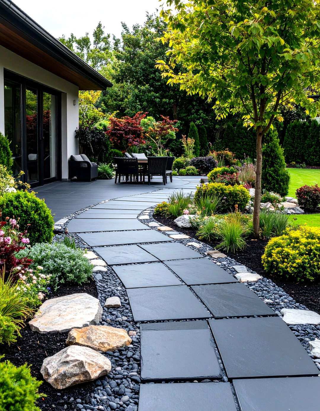 Black Concrete Patio with Natural Stone Inlays - 20 black concrete patio ideas