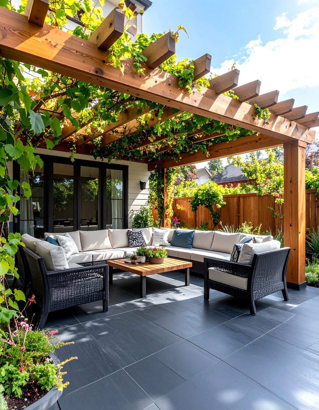 Black Concrete Patio with Pergola Integration - 20 black concrete patio ideas