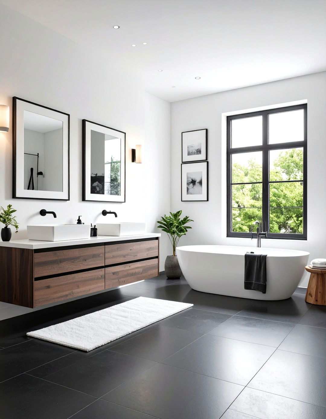 Black Floor Bathroom Accented with Monochrome Art - 20 Black Floor Bathroom With White Walls Ideas