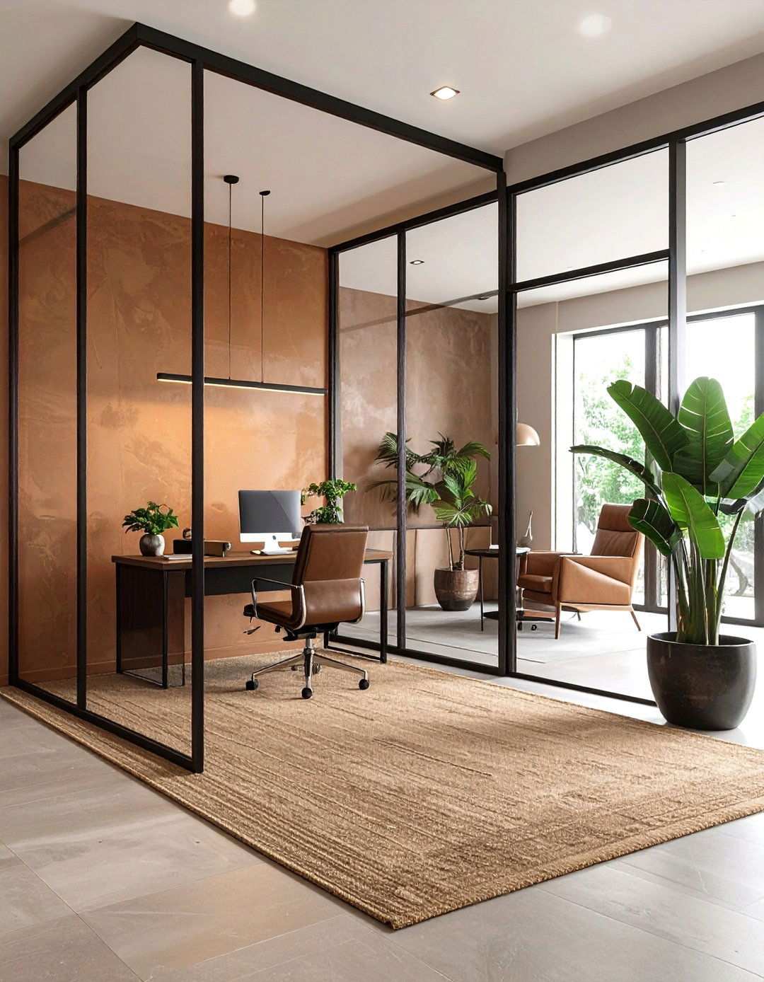 Black Framed Glass Partitions and Coffee Toned Plaster - 20 Black and Brown Interior Design Ideas