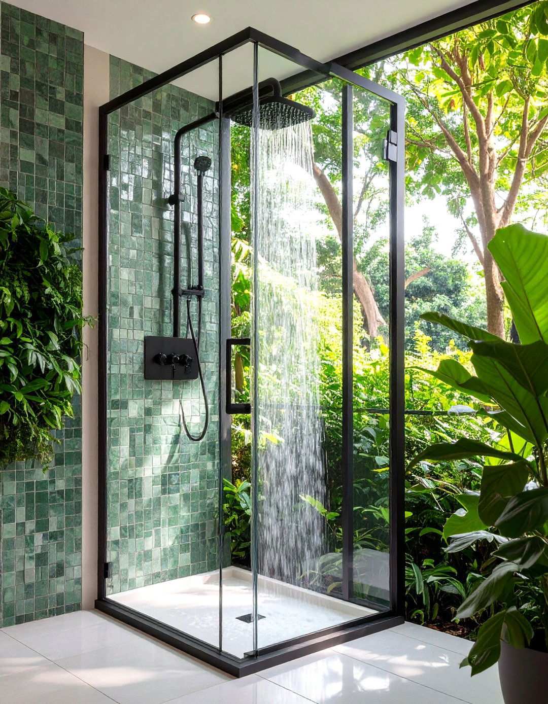 Black Framed Shower with Kale Mosaic Walls - 20 Black and Green Bathroom Ideas