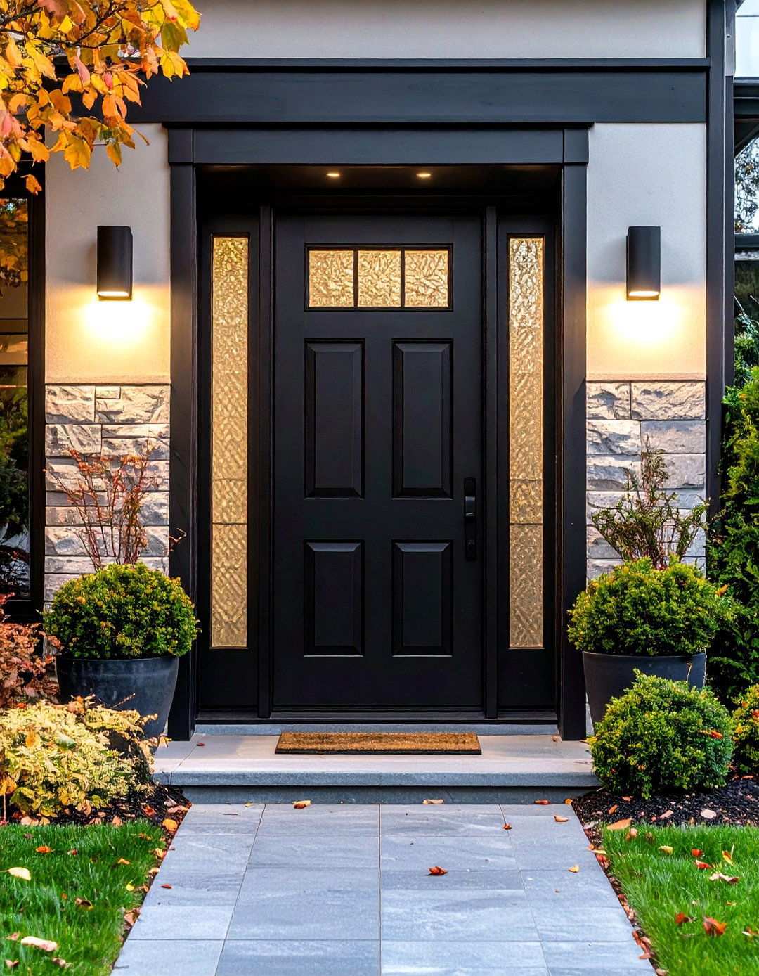 Black Front Door with Frosted Sidelights - 20 Black Front Door Ideas