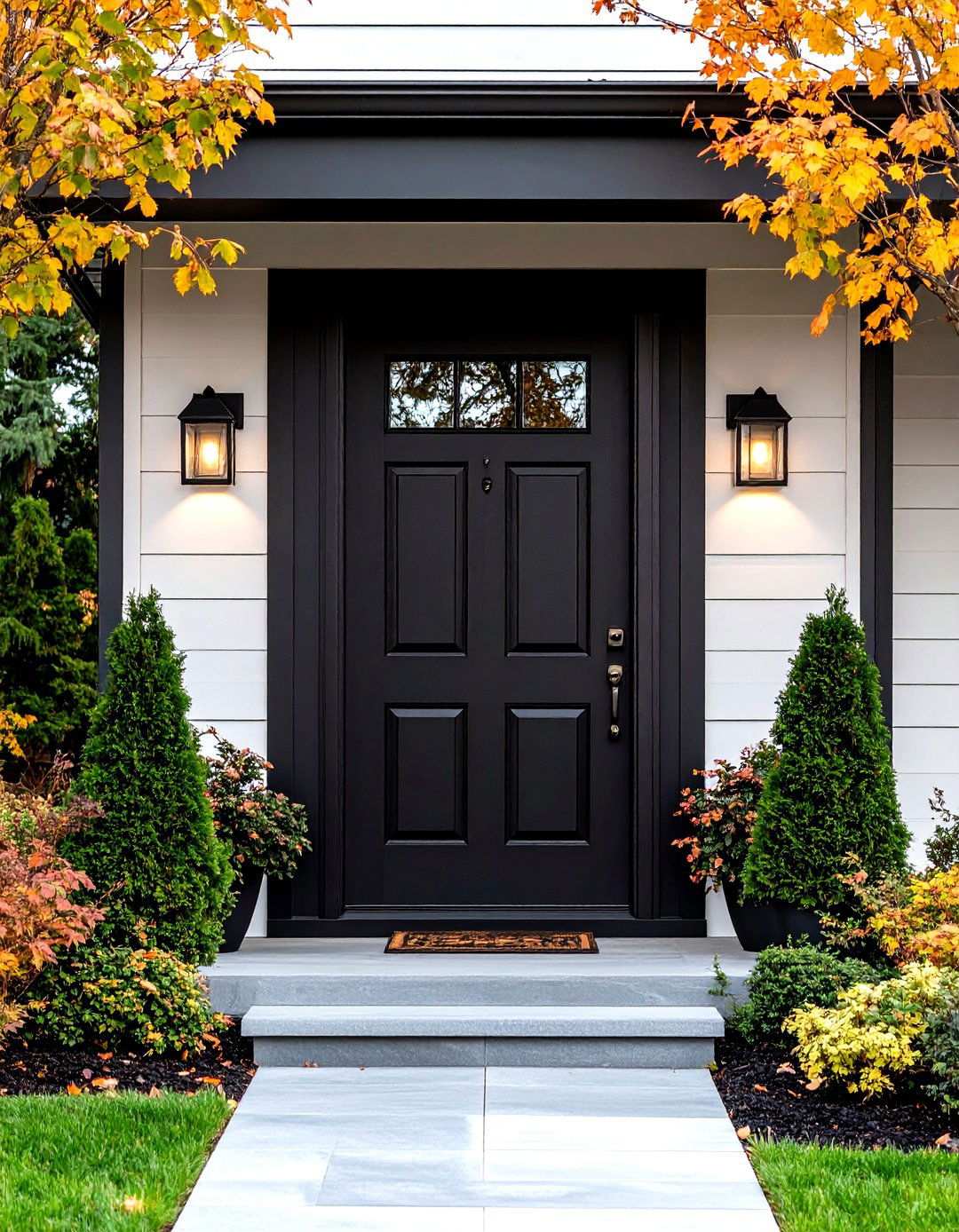 Black Front Door with Monochrome Porch Lighting - 20 Black Front Door Ideas