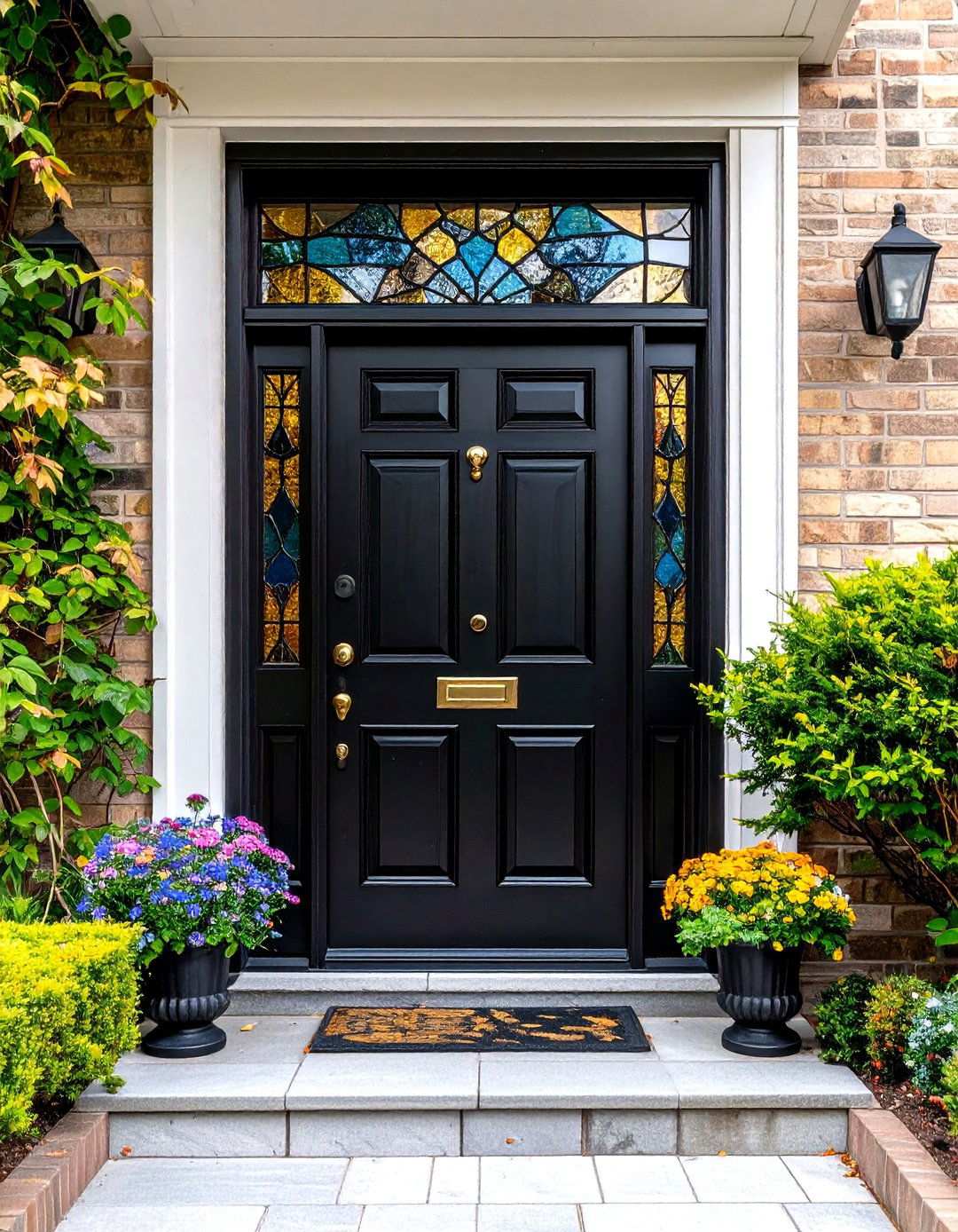 Black Front Door with Patterned Transom Window - 20 Black Front Door Ideas