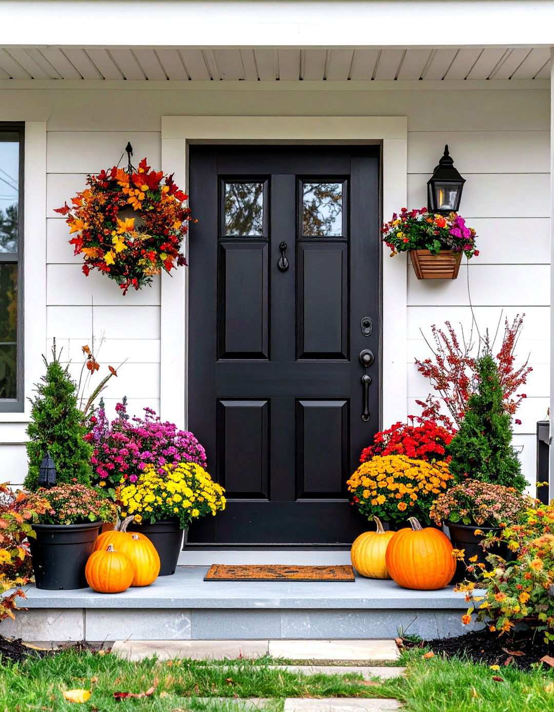 Black Front Door with Seasonal Display Ledge - 20 Black Front Door Ideas