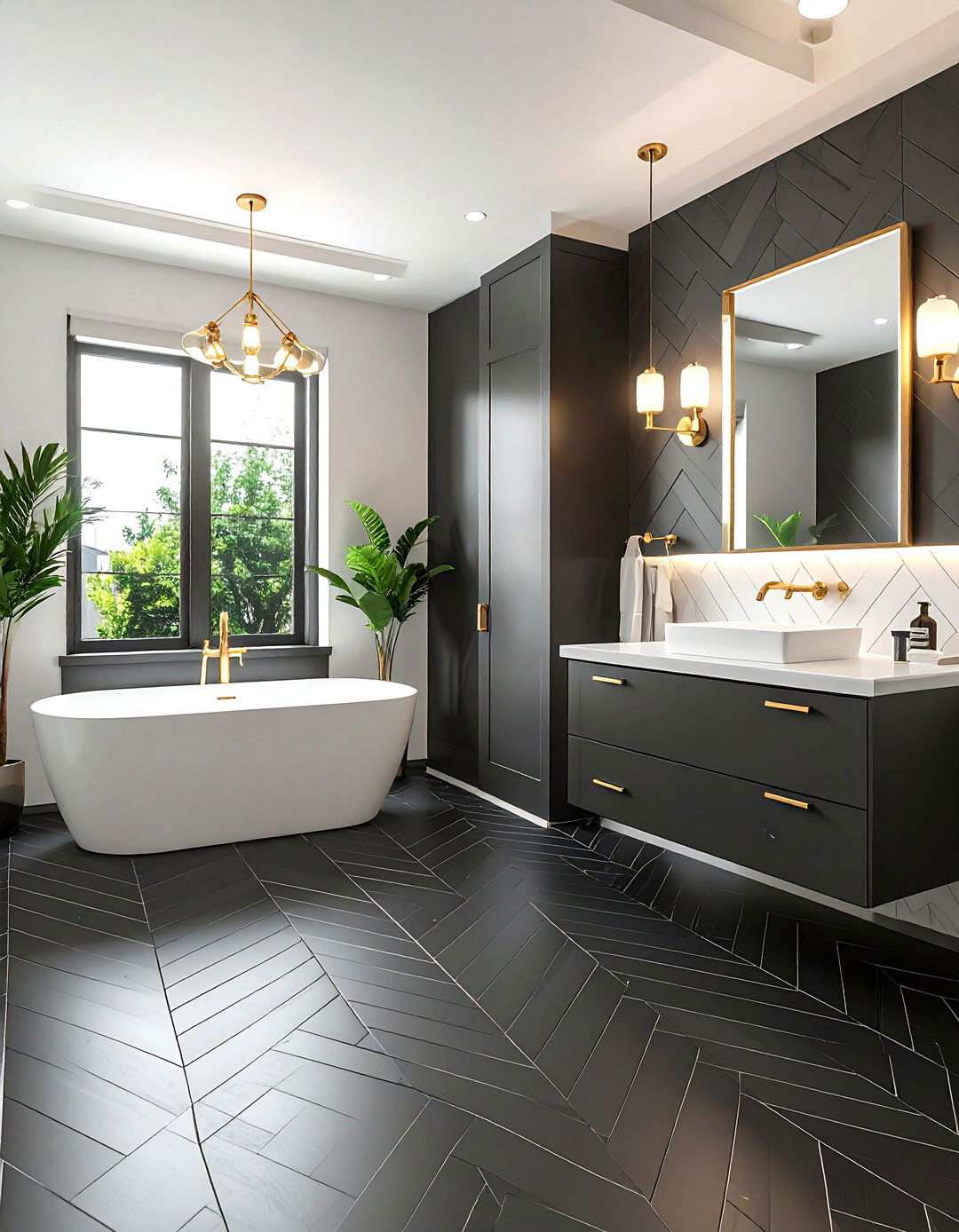Black Herringbone Pattern for Dynamic Movement - 20 Black Floor Bathroom Ideas