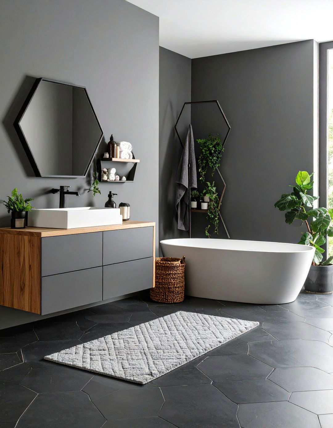 Black Hex Floor in a Pale Grey Bathroom - 20 Black and Grey Bathroom Ideas