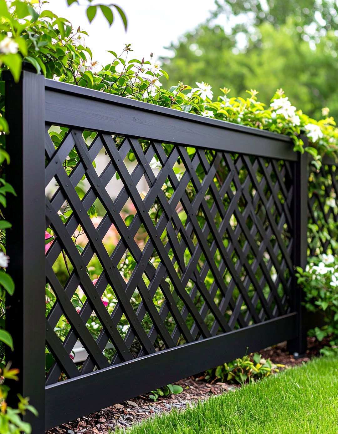 Black Lattice Fence Panel as a Garden Backdrop - 20 Black Fence Ideas
