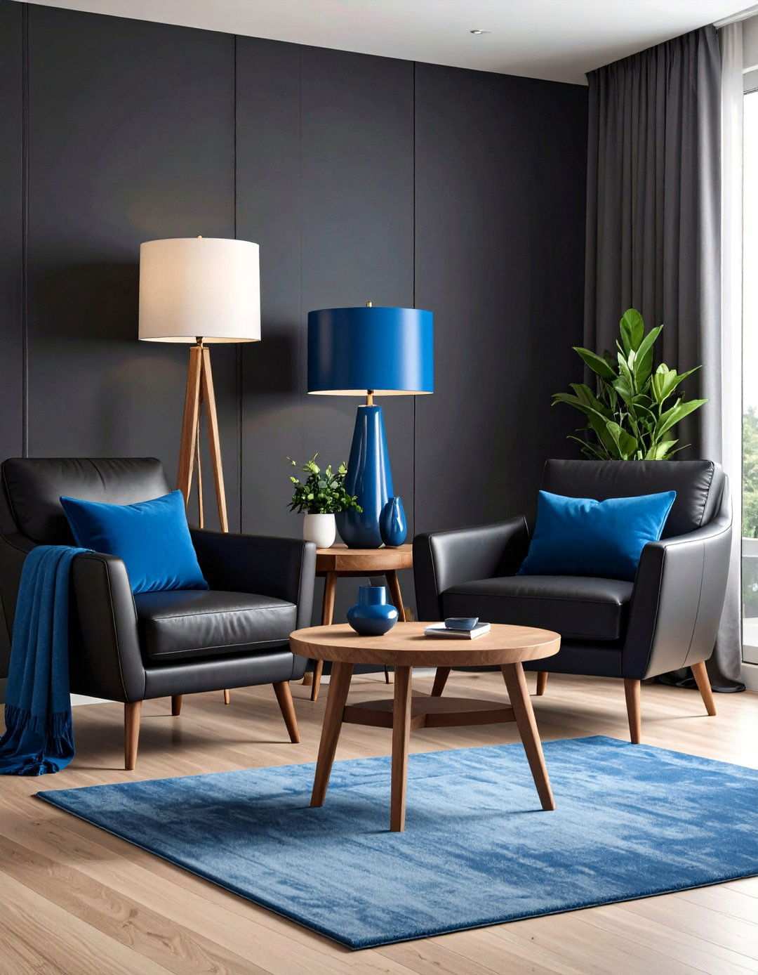 Black Leather Seating Sapphire Accents - 20 Black and Blue Living Room Ideas