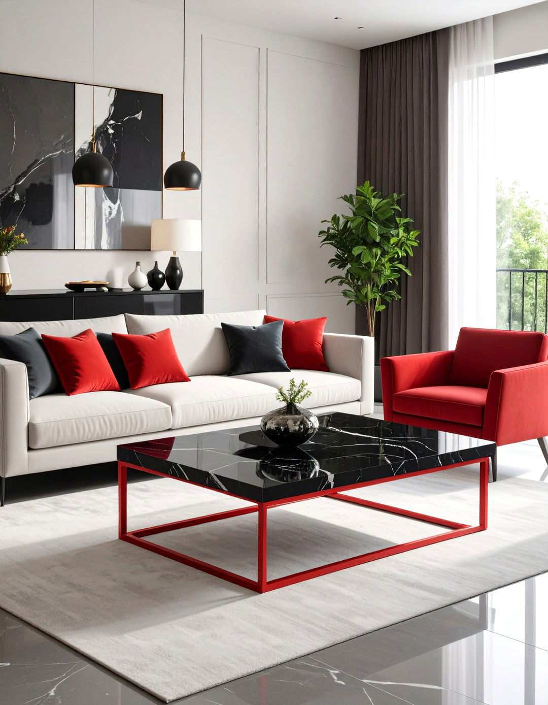 Black Marble Coffee Table Highlight - 20 Black and Red Living Room Ideas