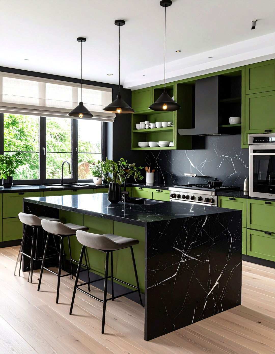 Black Marble Topped Kitchen with Pistachio Shelving - 20 Black and Green Kitchen Ideas