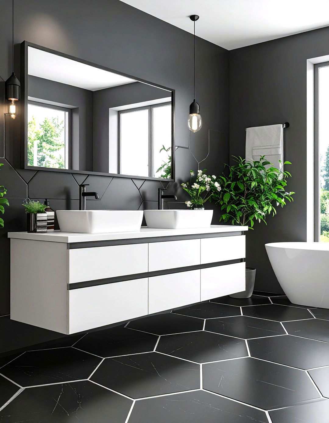 Black Powder Room with Hexagon Tile Features - 20 black powder room ideas