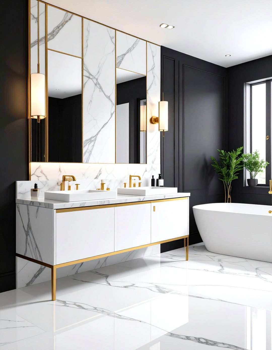 Black Powder Room with Marble Veining Details - 20 black powder room ideas