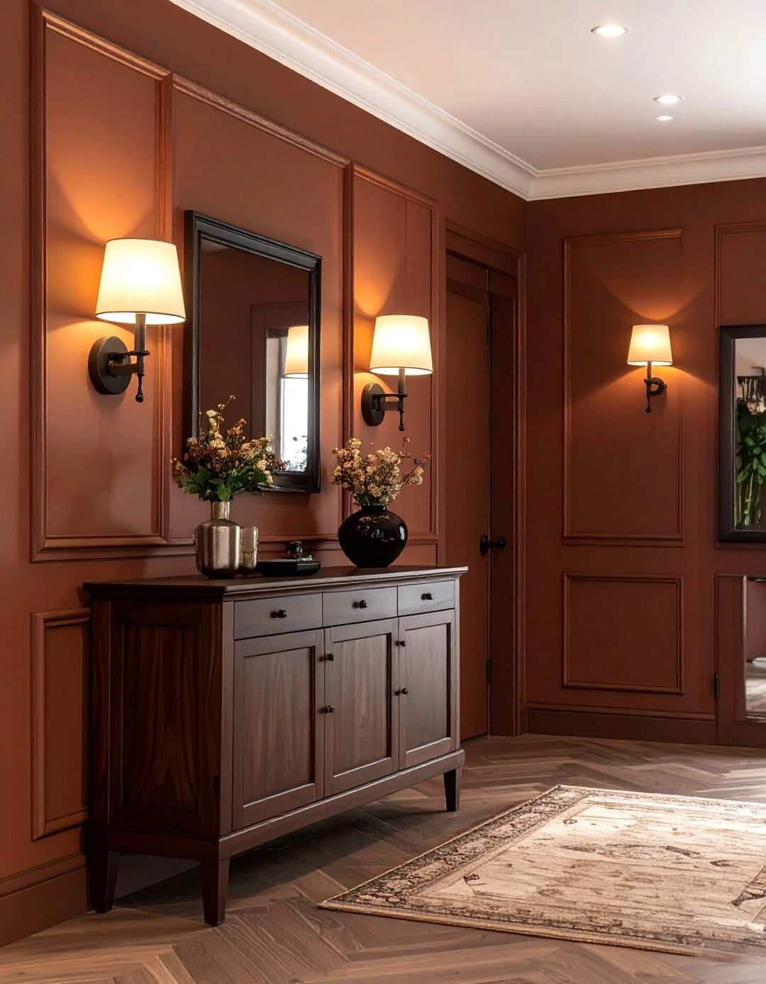 Black Sconces Punctuating Nutmeg Walls - 20 Black and Brown Interior Design Ideas