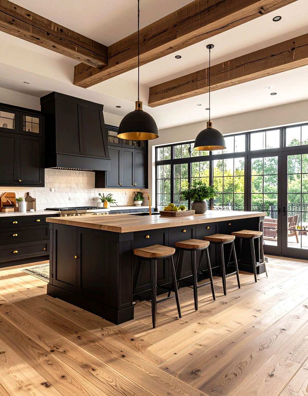 Black Shaker Cabinets Gold Hardware and Wide Plank Oak Floors - 20 Black and Gold Kitchen Ideas