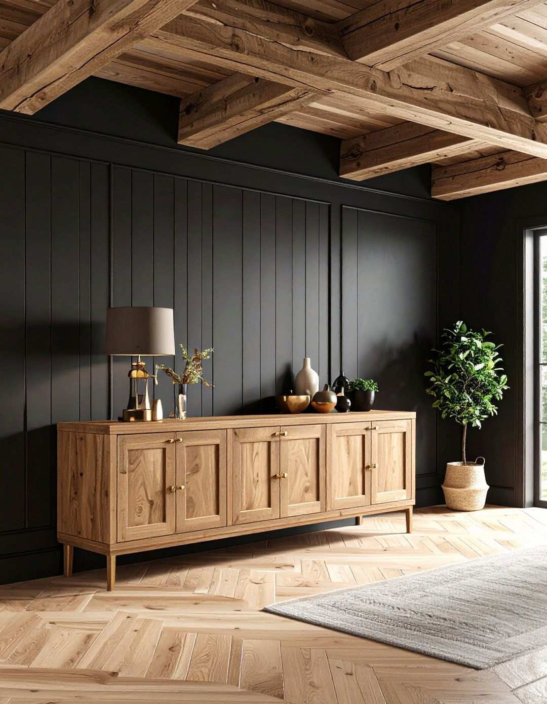 Black Shiplap and Natural Wood Warmth - 20 Black Shiplap Wall Ideas