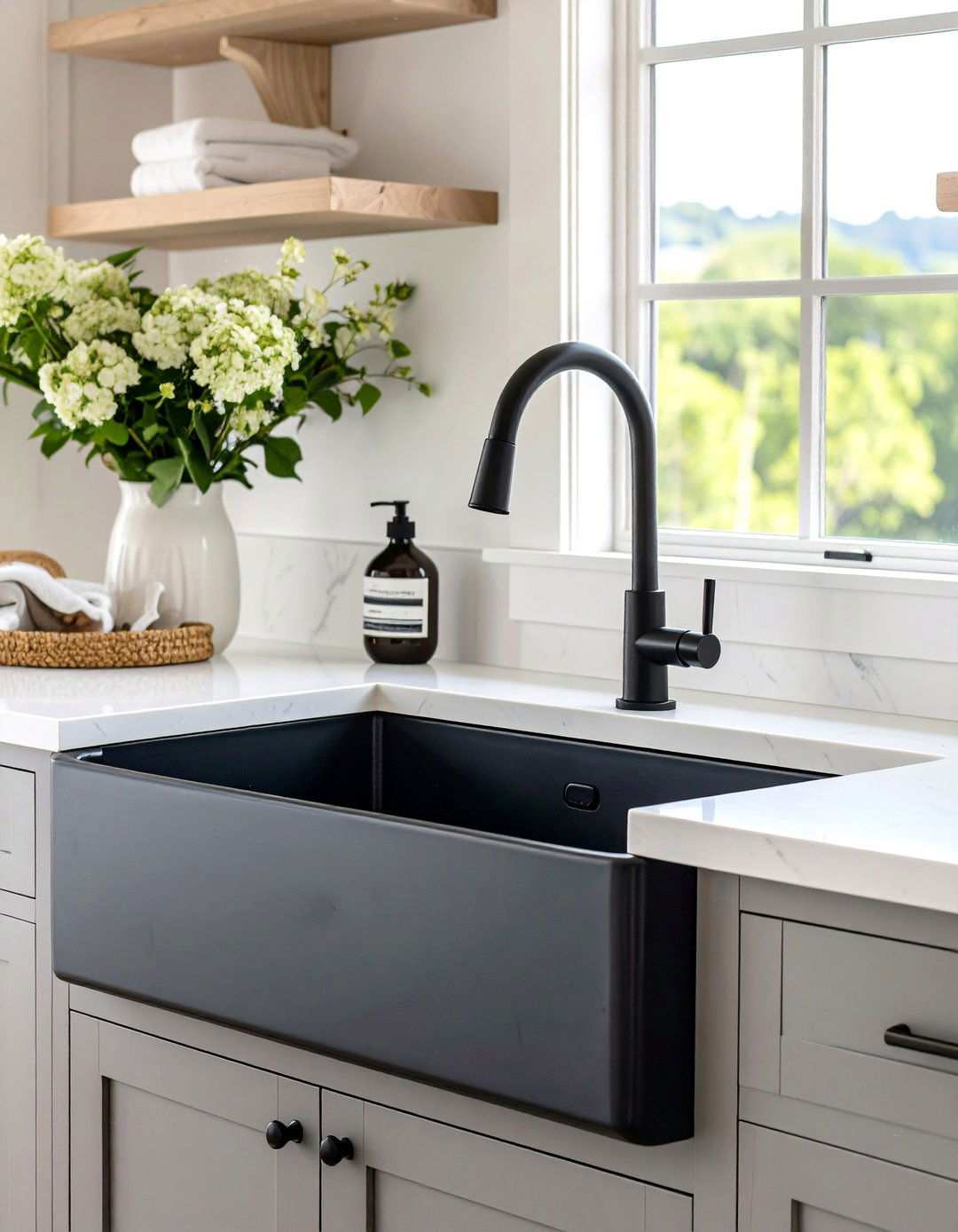 Black Sink and Faucet on White Quartz - 20 Black and White Laundry Room Ideas
