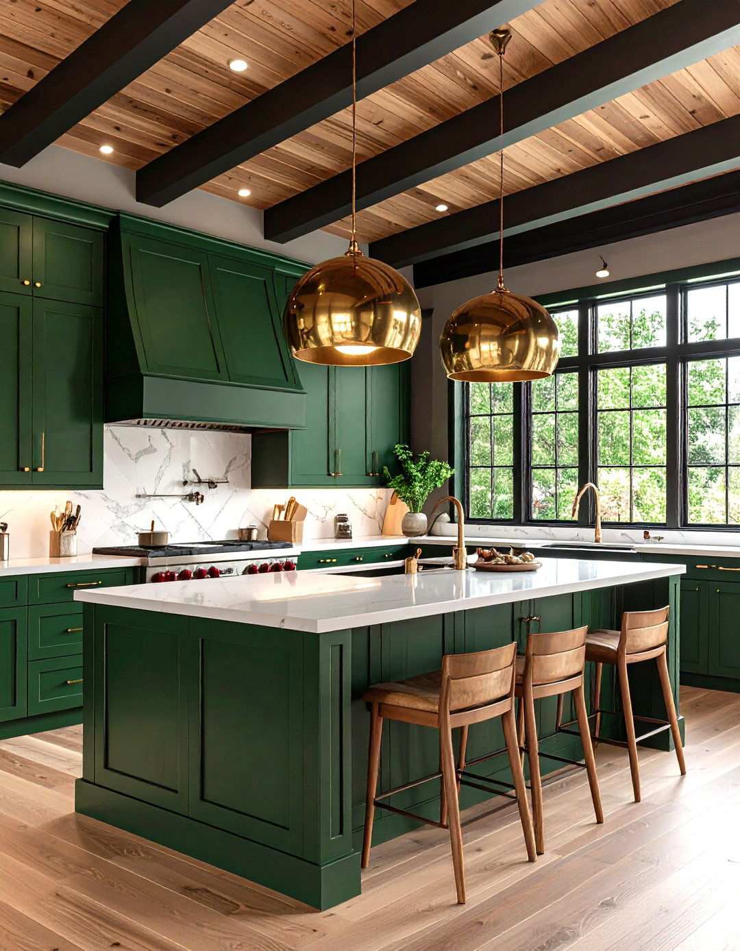 Black Stained Ceiling Kitchen over Spruce Island - 20 Black and Green Kitchen Ideas