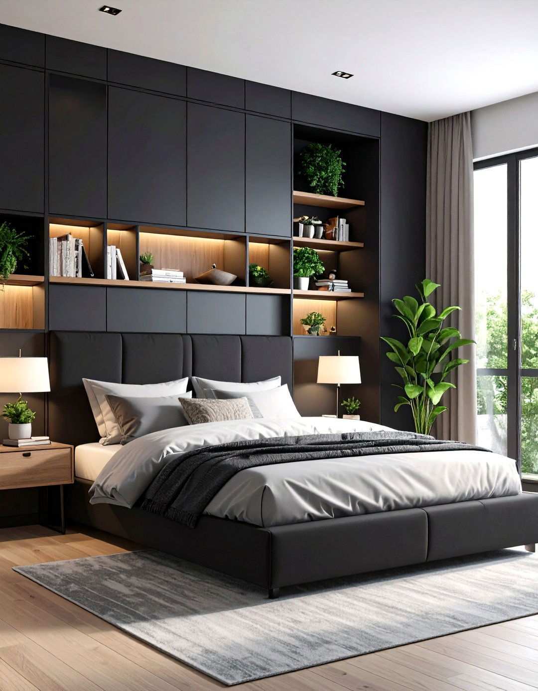 Black Storage Headboard Functional Organization - 20 Black Headboard Bedroom Ideas