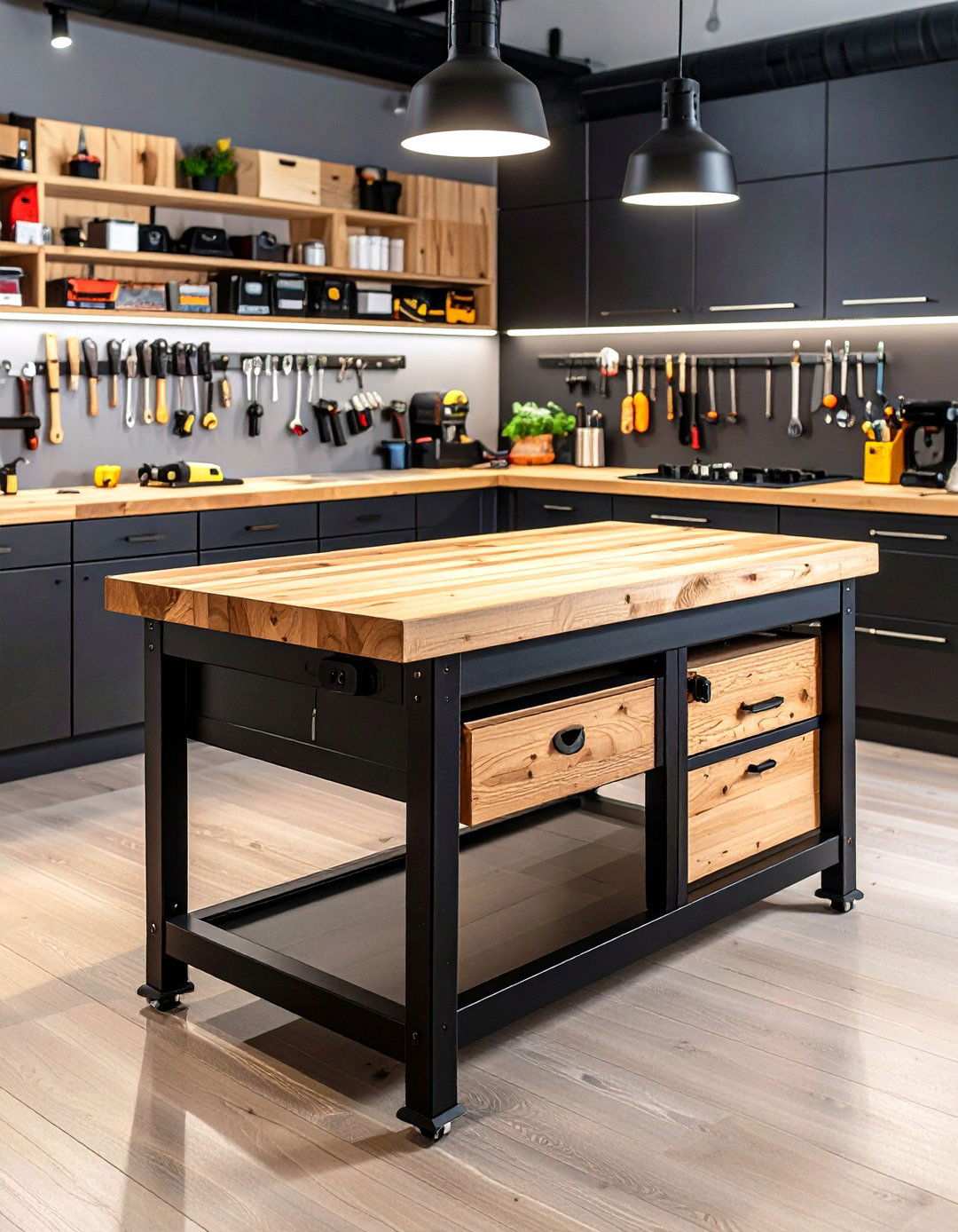 Black Workbench with Butcher Block Top - 20 Black Garage Ideas