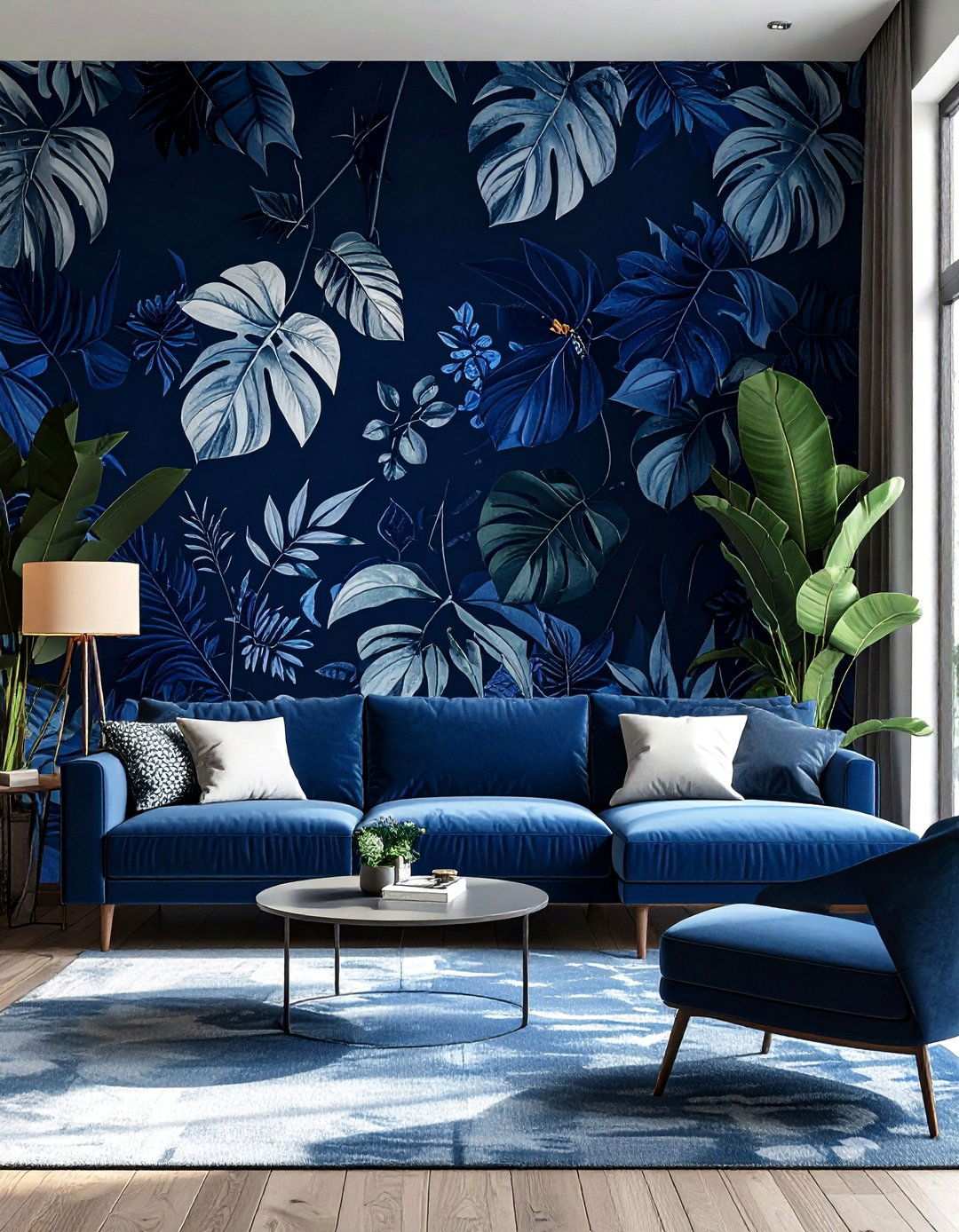 Blue Black Botanical Wallpaper - 20 Black and Blue Living Room Ideas