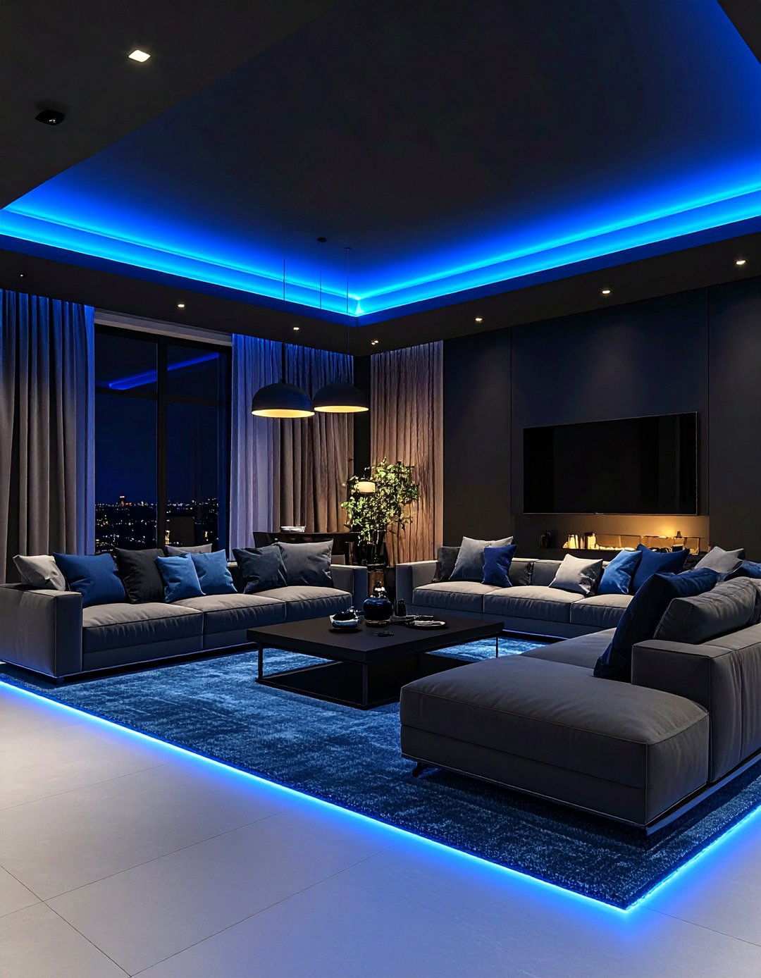 Blue Lighting Against Black Walls - 20 Black and Blue Living Room Ideas