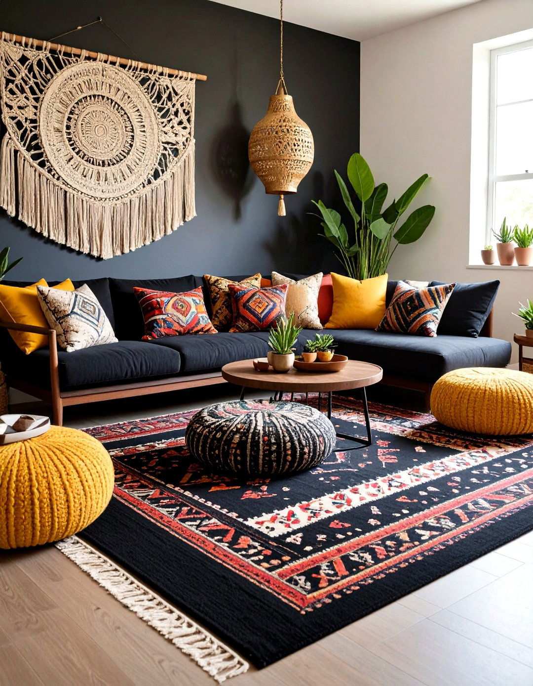 Boho Chic Layering on Ink - 20 Black Carpet Living Room Ideas