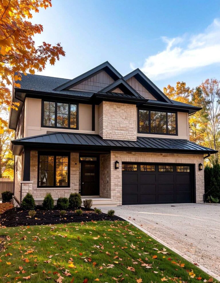 Bold Black Trim Frames Beige Brick - 20 Beige Brick Exterior Home Ideas
