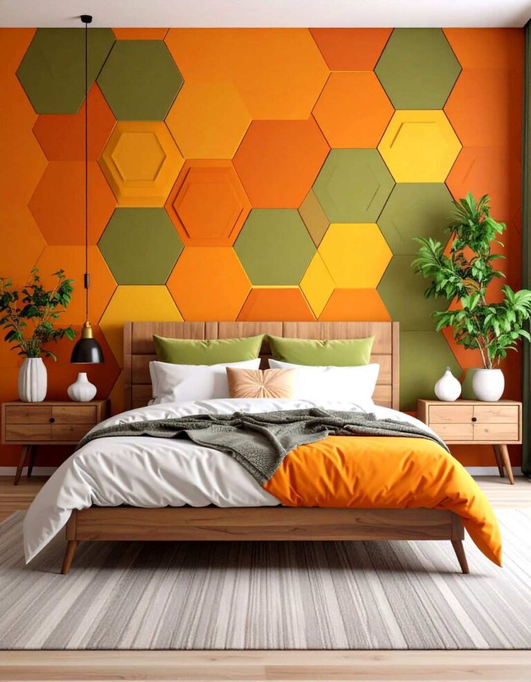 Bold Geometric Wallpaper Bedroom Accent Walls - 20 70s Bedroom Decor Ideas