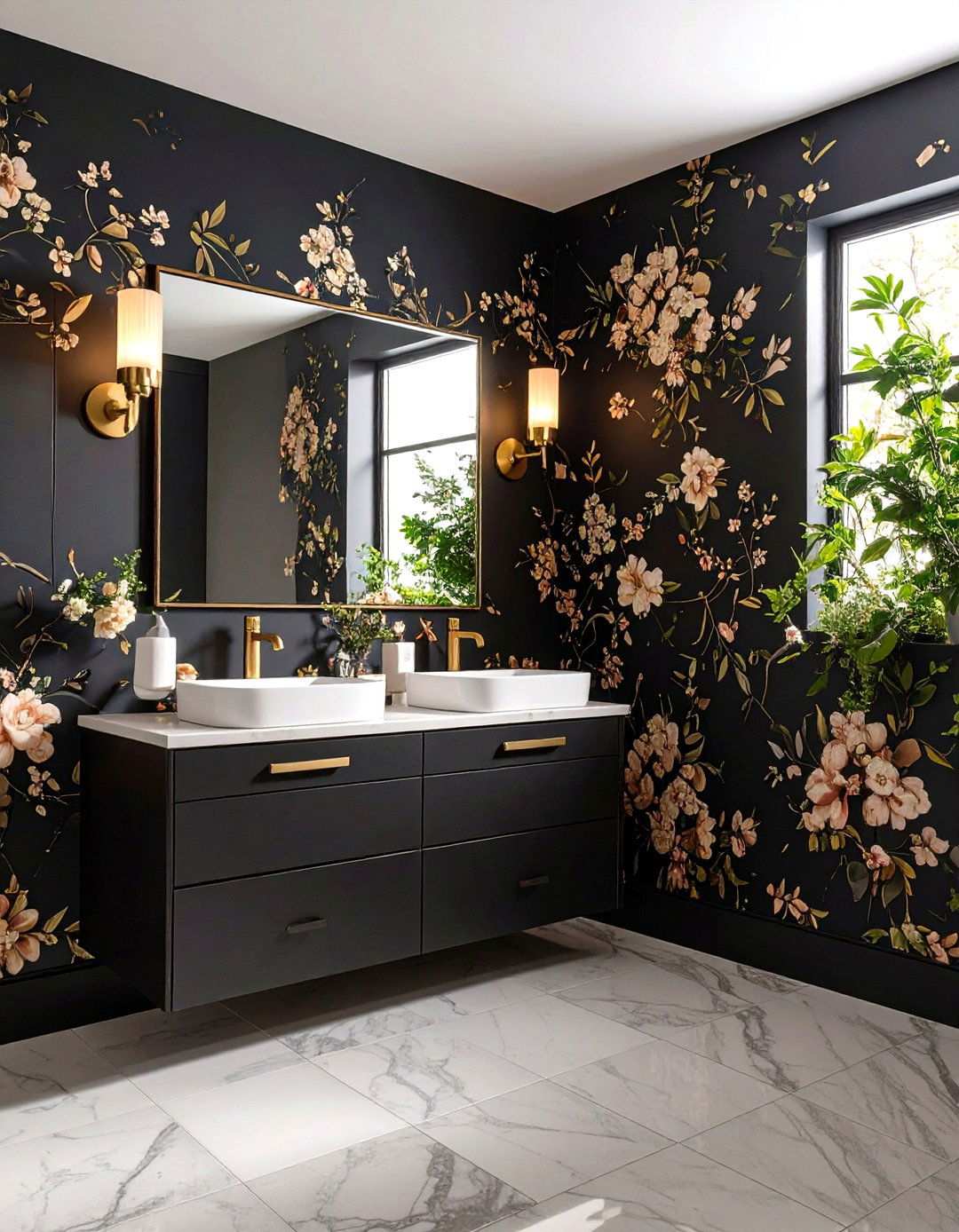 Bold Wallpaper in a Petite Powder Room - 20 Black Bathroom Ideas