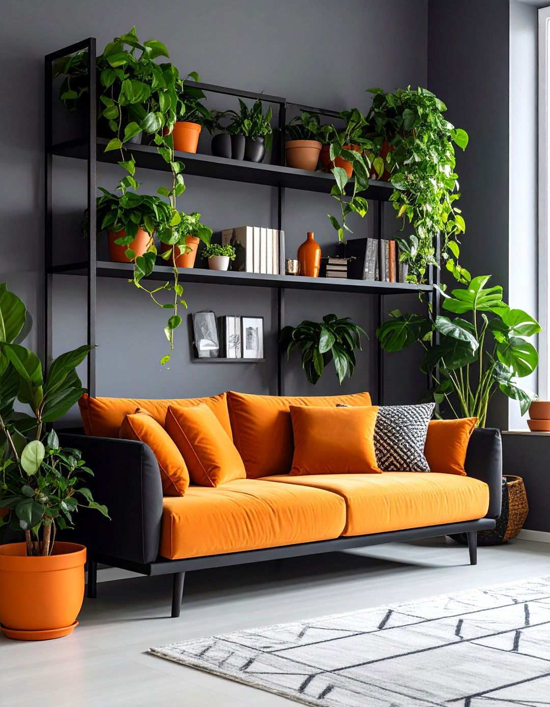 Botanical Green Breaks - 20 Black and Orange Living Room Ideas