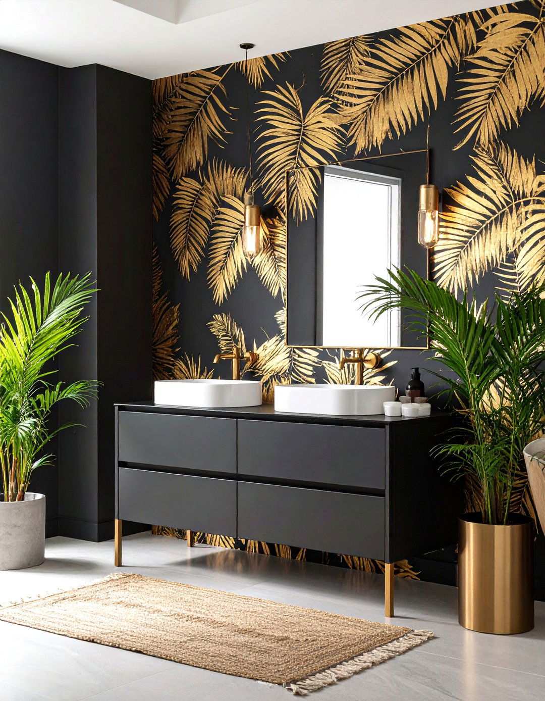 Botanical Wallpaper Accent Wall - 20 Black and Gold Bathroom Ideas
