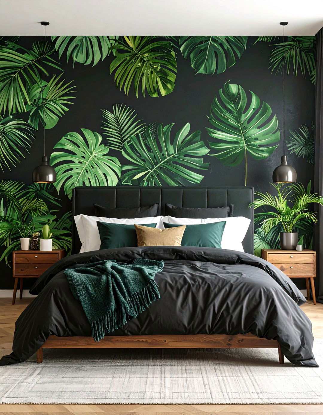 Botanical Wallpaper Statement - 20 Black and Green Bedroom Design Ideas