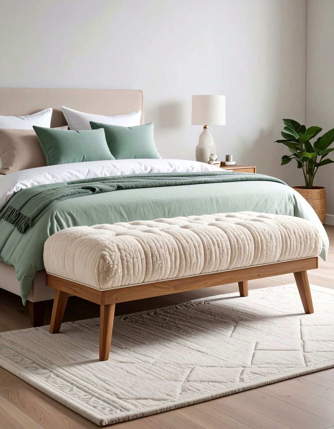 Boucle Wrapped Bedroom Bench for Cocooned Comfort - 20 Bedroom Bench Ideas