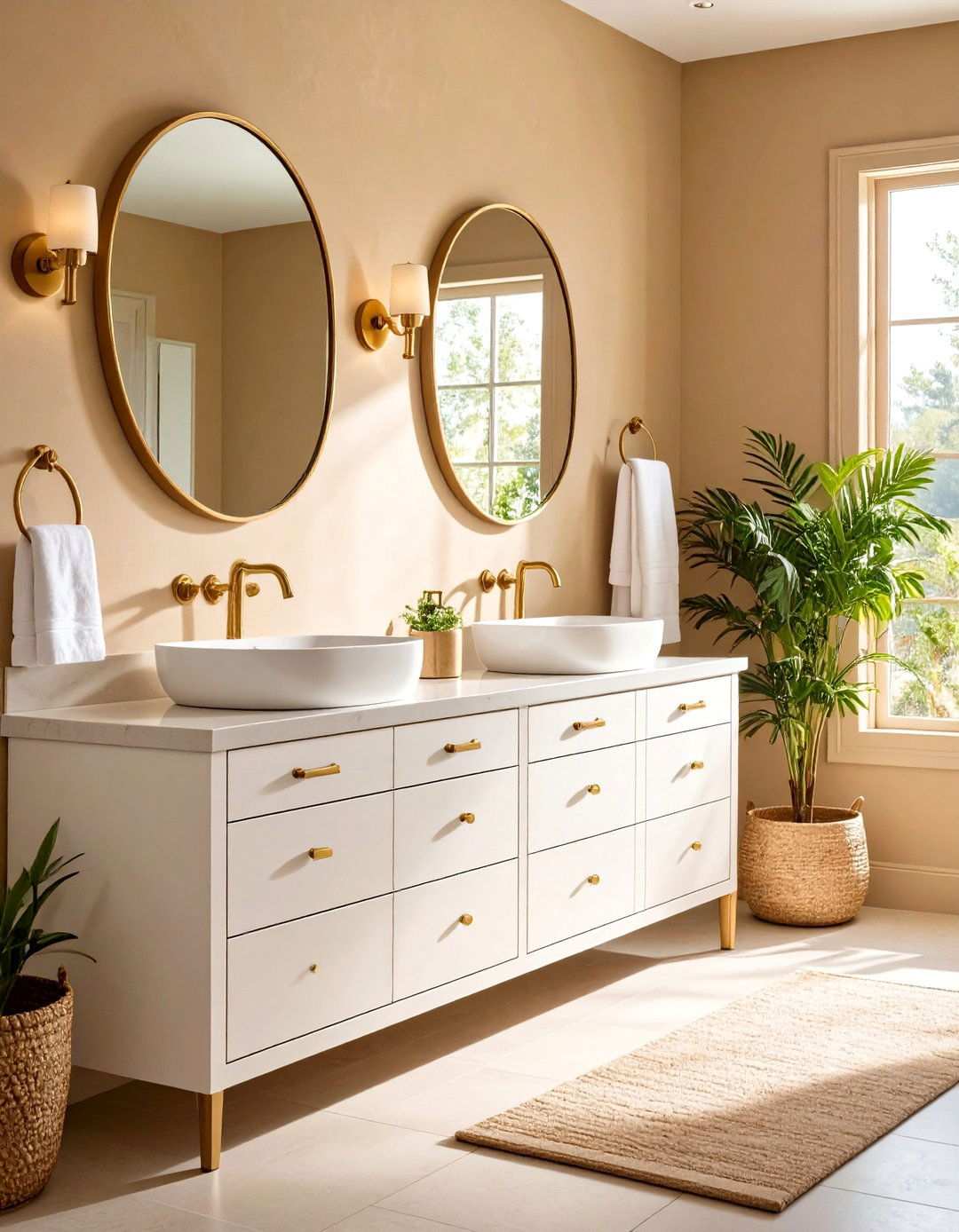 Brass Accents Elevate a Beige and White Bathroom - 20 Beige and White Bathroom Ideas