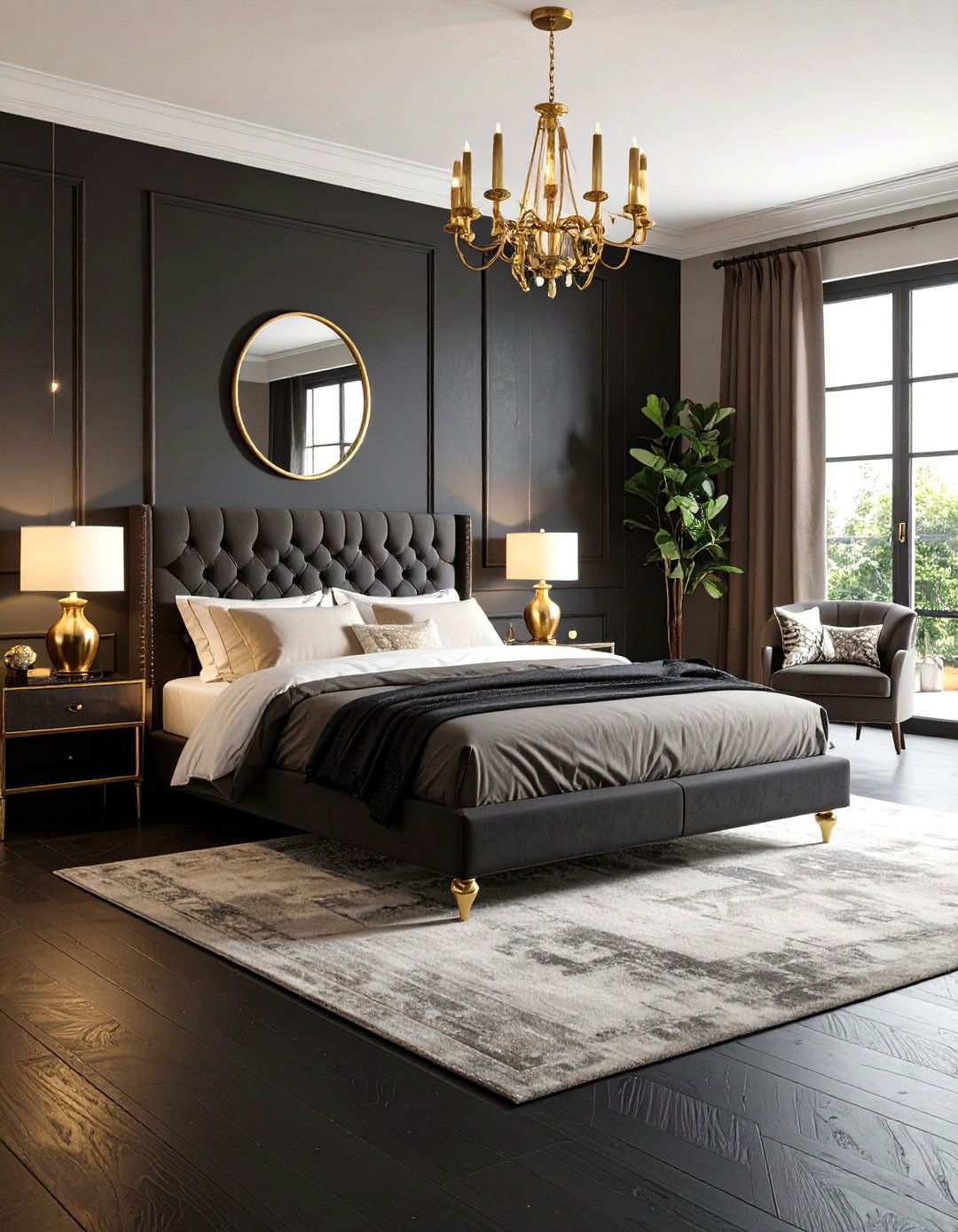 Brass and Gold Accents Add Liquid Light - 20 Black Floor Bedroom Ideas
