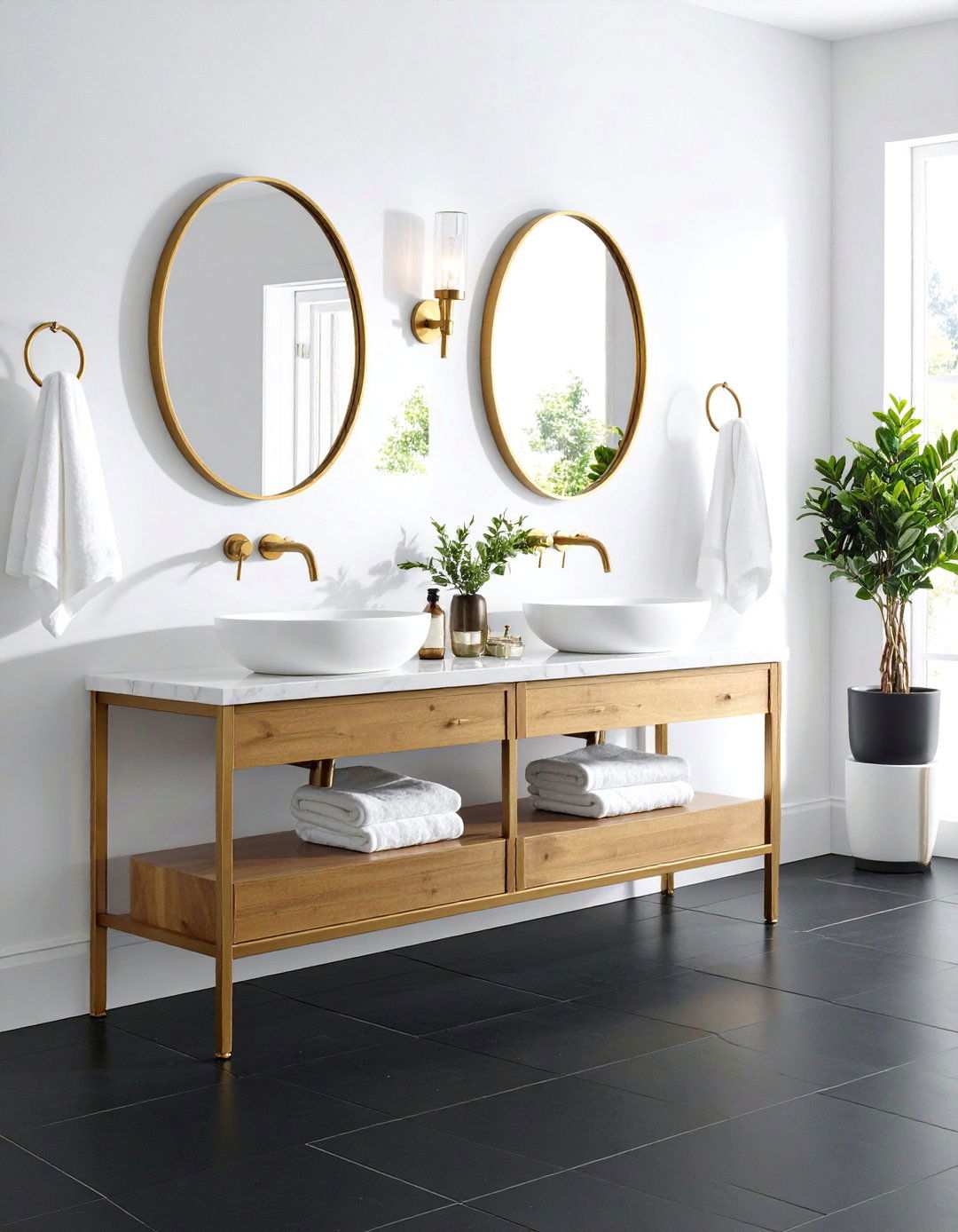 Brass Fixtures Elevate a Black Floor Bathroom - 20 Black Floor Bathroom With White Walls Ideas