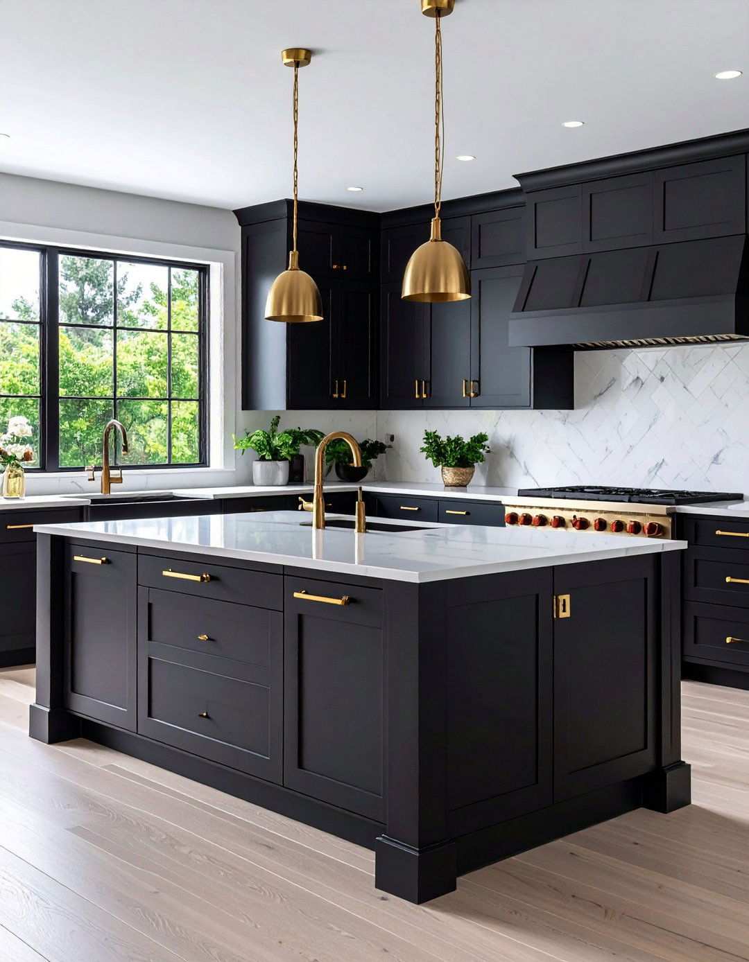 Brass Hardware Elevates the Black Islands Glamour - 20 Black Kitchen Islands