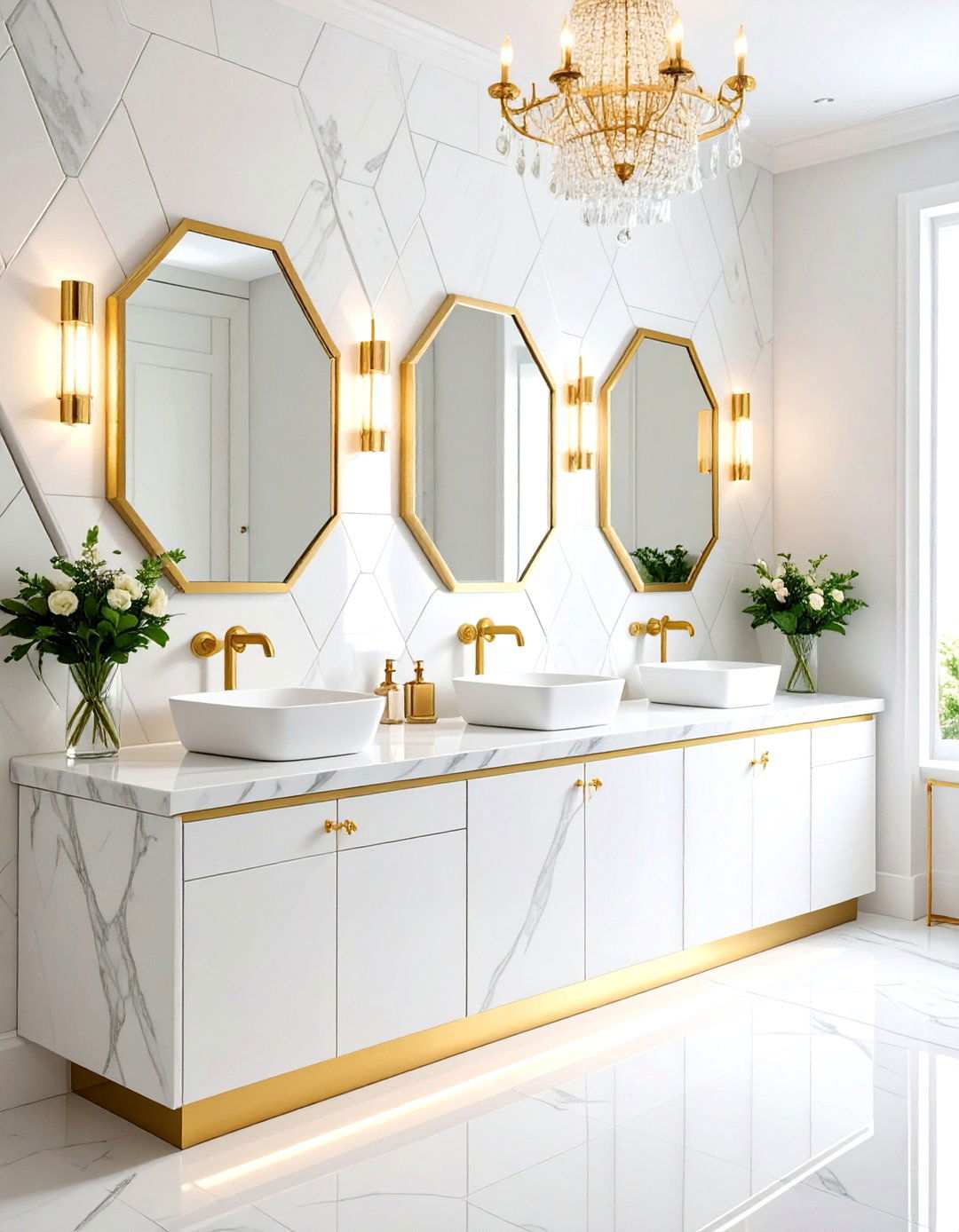 Brass Inlay Bathroom With Hexagon Tile Floor - 20 Bathrooms With Hexagon Tile Floors