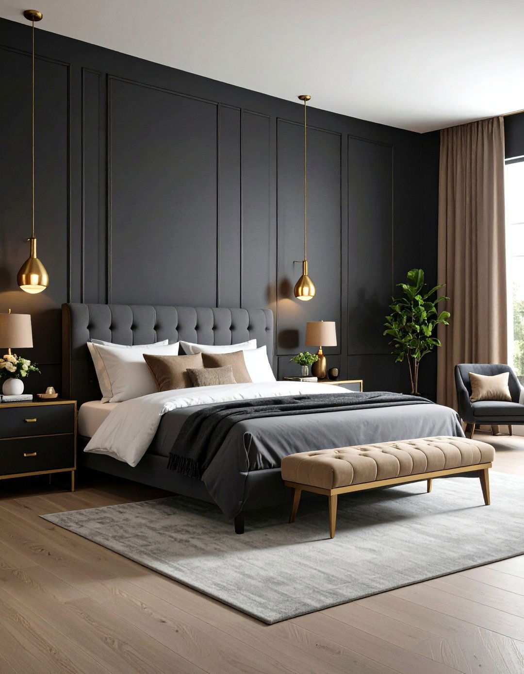 Brass Lit Drama - 20 Black Accent Wall Bedroom Ideas