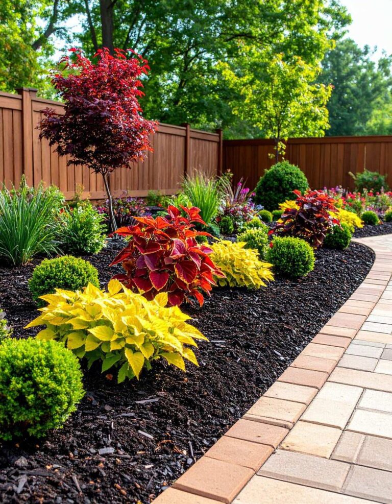 Brick Edged Front Border with Black Mulch - 20 Black Mulch Landscaping Ideas
