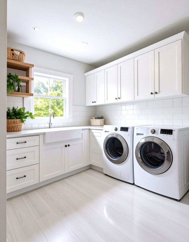 Bright Basement Laundry Room with White Paint Makeover - 20 basement laundry room ideas
