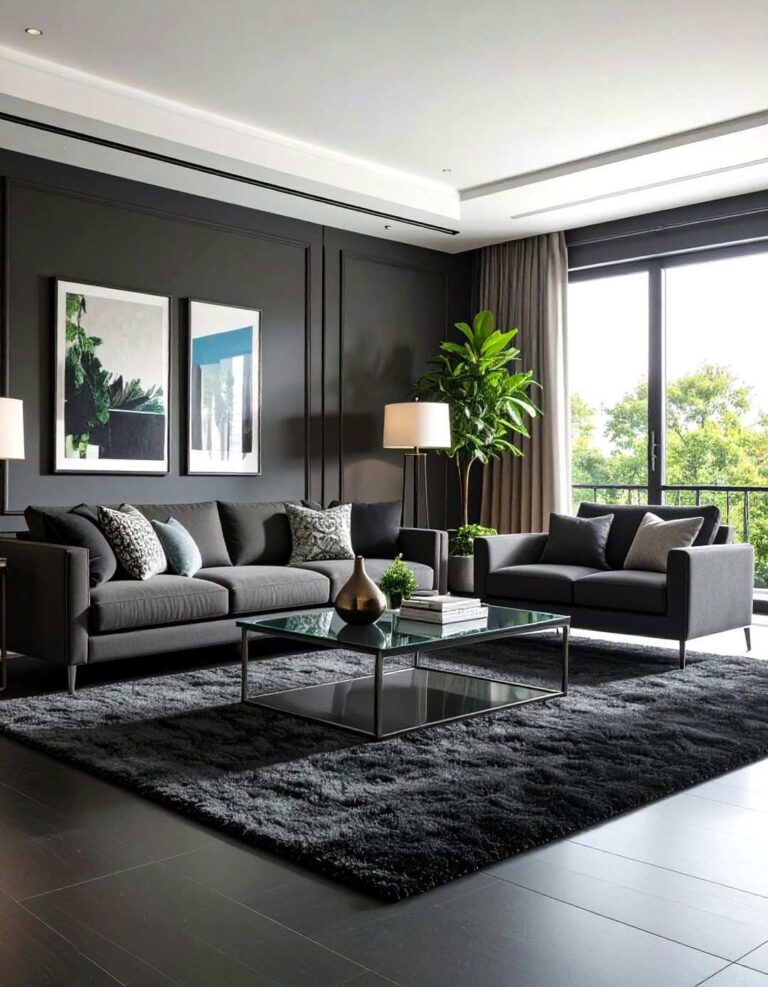 Bright White Walls Against a Black Carpet Backdrop - 20 Black Carpet Living Room Ideas
