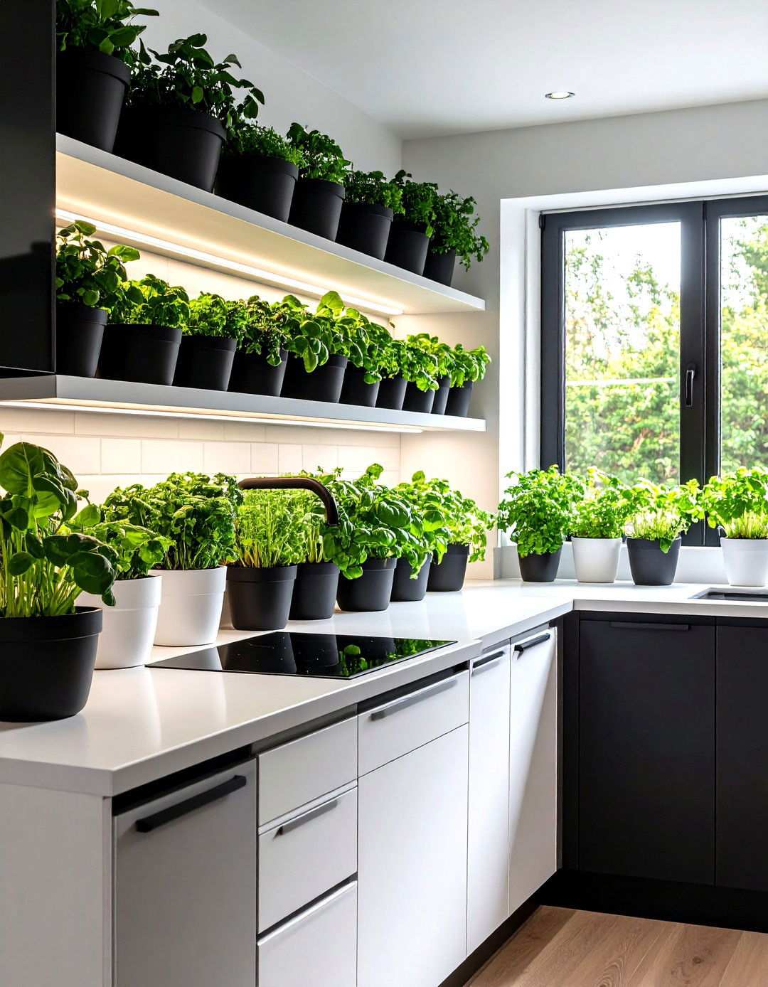 Bring in Living Greenery - 20 Black and White Kitchen Ideas