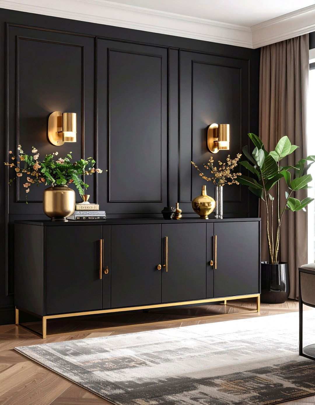 Brushed Gold Hardware on Ebony Cabinets - 20 Black and Gold Living Room Ideas