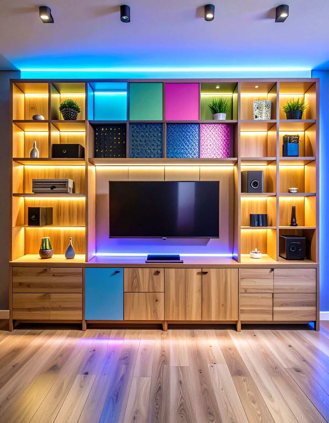 Built In Media Wall Declutters Tech in a Bachelor Room - 20 Bachelor Room Ideas