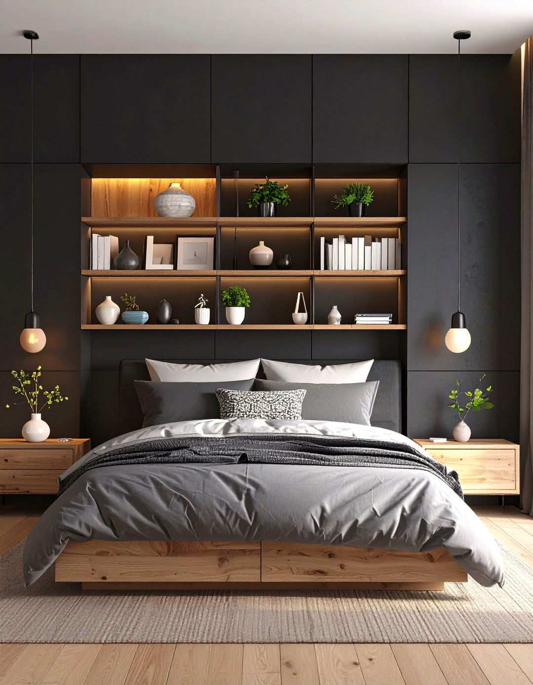 Built In Shadow Shelves - 20 Black Accent Wall Bedroom Ideas