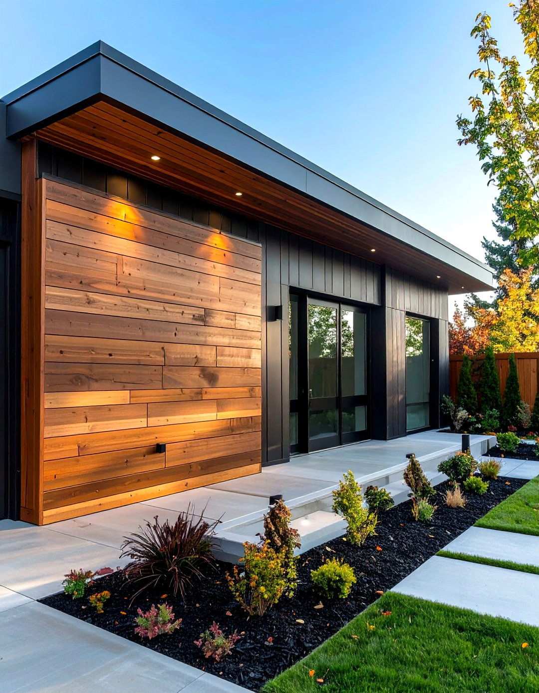 Cedar Accent Wall Highlights a Black Barndominium - 20 Black House With Cedar Accents