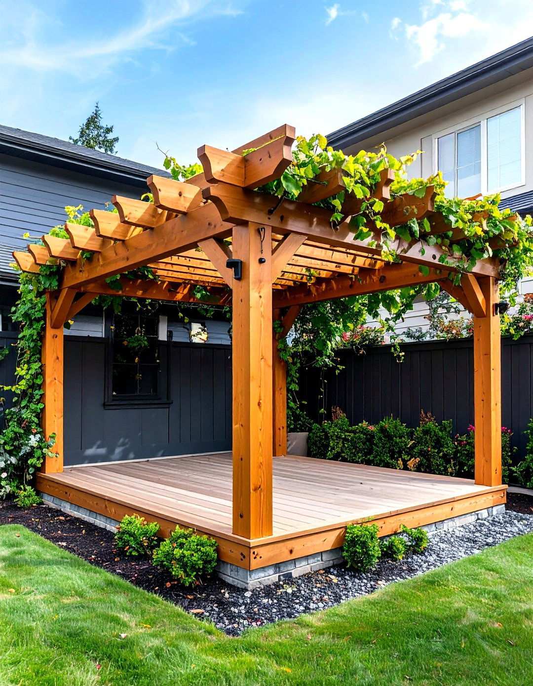 Cedar Pergola Softens the Black Facade - 20 Black House With Cedar Accents