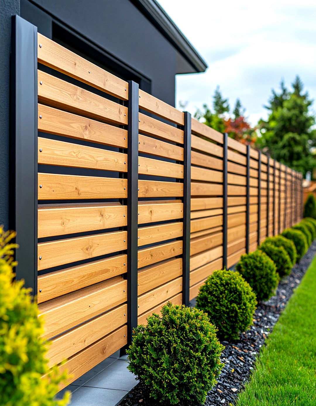 Cedar Privacy Screens Complement Black Patio Walls - 20 Black House With Cedar Accents